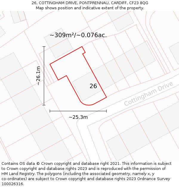 26, COTTINGHAM DRIVE, PONTPRENNAU, CARDIFF, CF23 8QG: Plot and title map