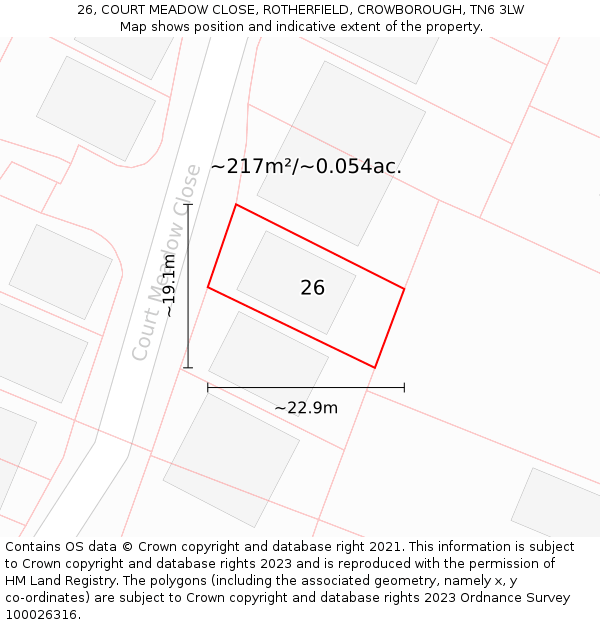 26, COURT MEADOW CLOSE, ROTHERFIELD, CROWBOROUGH, TN6 3LW: Plot and title map