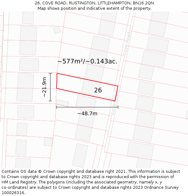 26, COVE ROAD, RUSTINGTON, LITTLEHAMPTON, BN16 2QN: Plot and title map