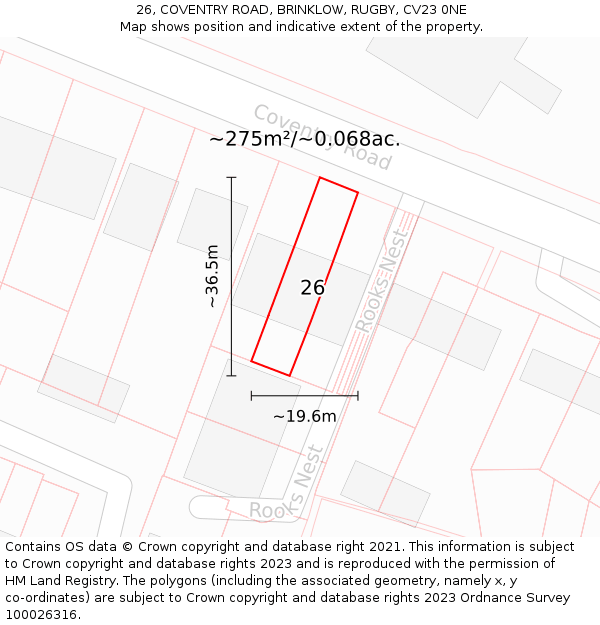 26, COVENTRY ROAD, BRINKLOW, RUGBY, CV23 0NE: Plot and title map