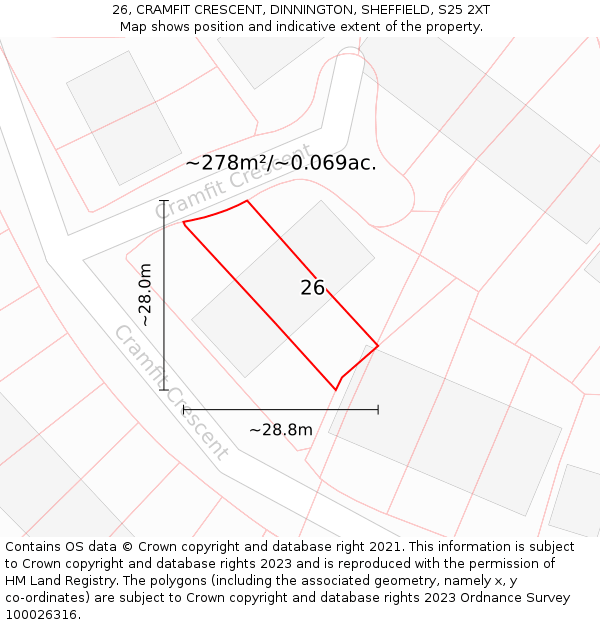 26, CRAMFIT CRESCENT, DINNINGTON, SHEFFIELD, S25 2XT: Plot and title map
