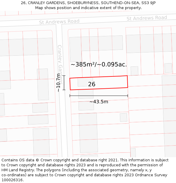26, CRANLEY GARDENS, SHOEBURYNESS, SOUTHEND-ON-SEA, SS3 9JP: Plot and title map