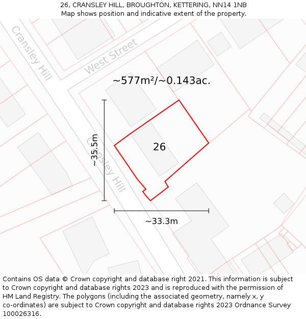 26, CRANSLEY HILL, BROUGHTON, KETTERING, NN14 1NB: Plot and title map