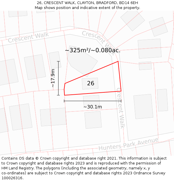 26, CRESCENT WALK, CLAYTON, BRADFORD, BD14 6EH: Plot and title map