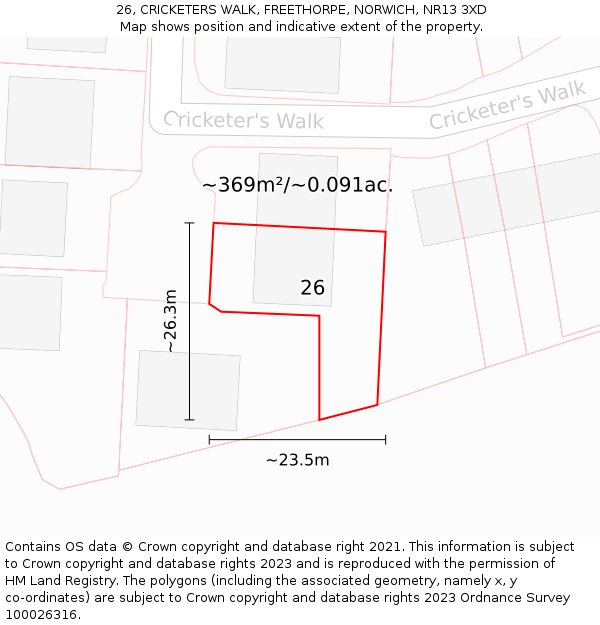 26, CRICKETERS WALK, FREETHORPE, NORWICH, NR13 3XD: Plot and title map