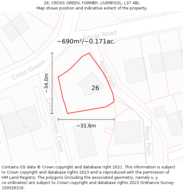 26, CROSS GREEN, FORMBY, LIVERPOOL, L37 4BL: Plot and title map