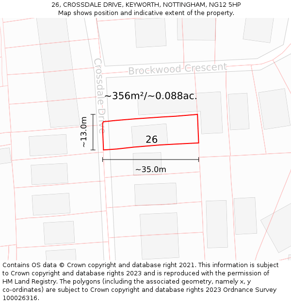26, CROSSDALE DRIVE, KEYWORTH, NOTTINGHAM, NG12 5HP: Plot and title map