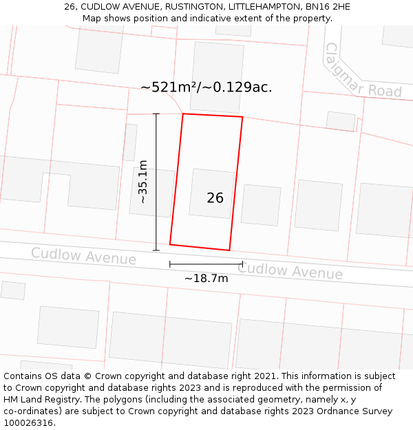 26, CUDLOW AVENUE, RUSTINGTON, LITTLEHAMPTON, BN16 2HE: Plot and title map