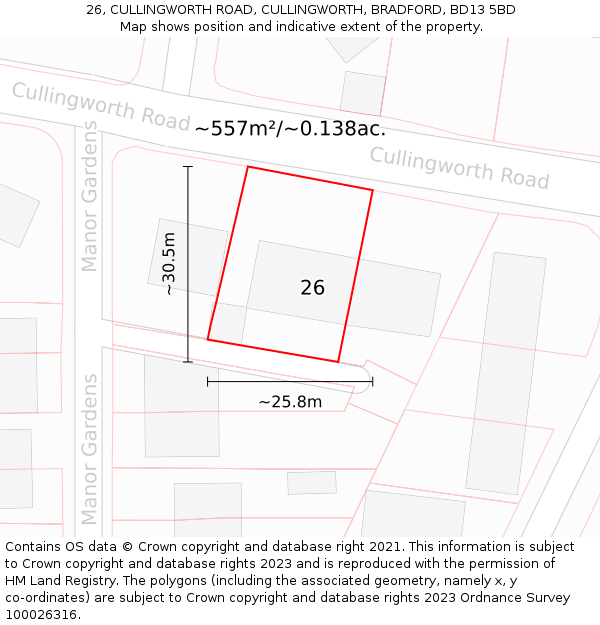 26, CULLINGWORTH ROAD, CULLINGWORTH, BRADFORD, BD13 5BD: Plot and title map