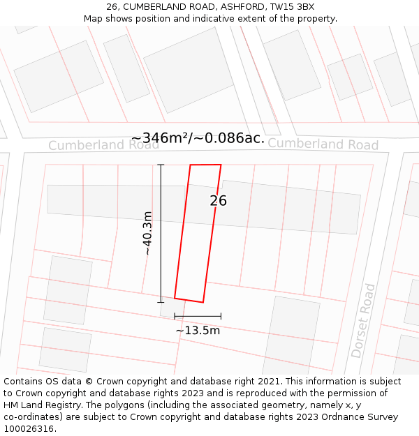 26, CUMBERLAND ROAD, ASHFORD, TW15 3BX: Plot and title map
