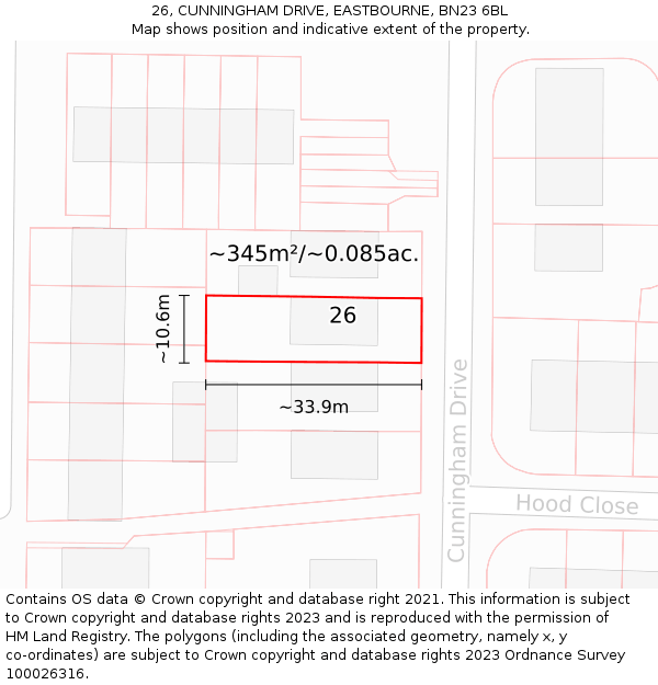 26, CUNNINGHAM DRIVE, EASTBOURNE, BN23 6BL: Plot and title map