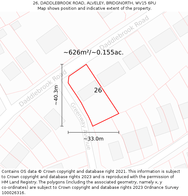 26, DADDLEBROOK ROAD, ALVELEY, BRIDGNORTH, WV15 6PU: Plot and title map