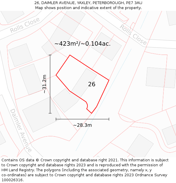26, DAIMLER AVENUE, YAXLEY, PETERBOROUGH, PE7 3AU: Plot and title map