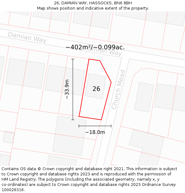 26, DAMIAN WAY, HASSOCKS, BN6 8BH: Plot and title map