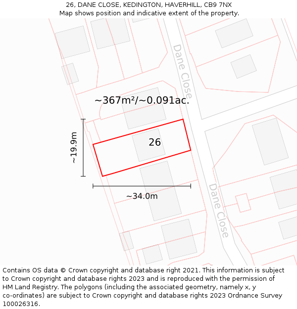 26, DANE CLOSE, KEDINGTON, HAVERHILL, CB9 7NX: Plot and title map