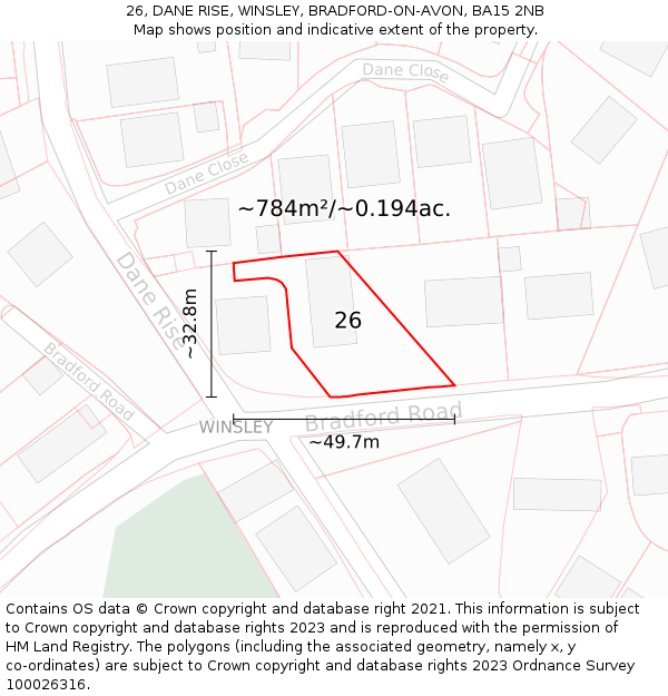 26, DANE RISE, WINSLEY, BRADFORD-ON-AVON, BA15 2NB: Plot and title map