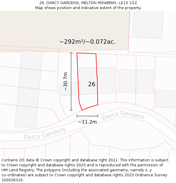 26, DARCY GARDENS, MELTON MOWBRAY, LE13 1GZ: Plot and title map