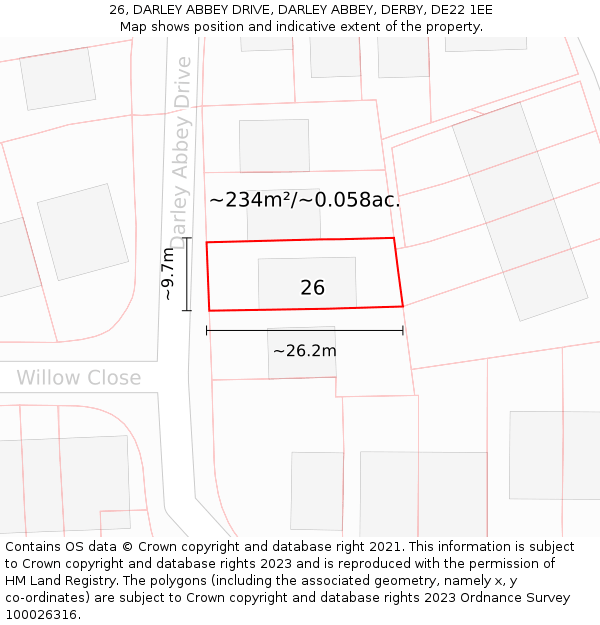 26, DARLEY ABBEY DRIVE, DARLEY ABBEY, DERBY, DE22 1EE: Plot and title map