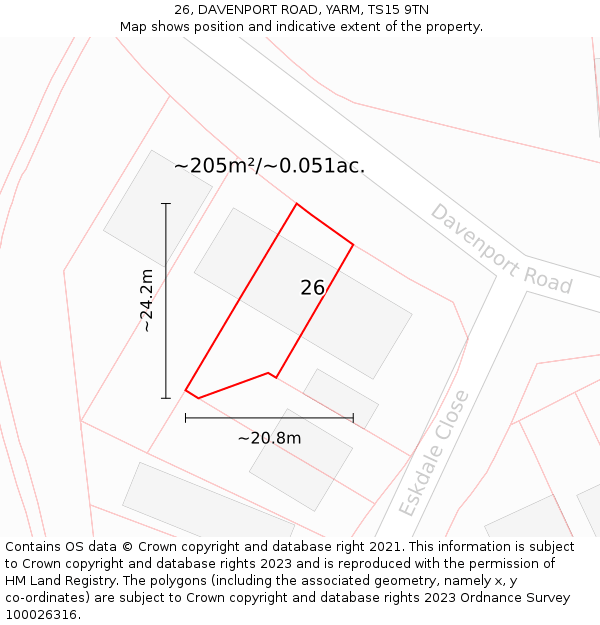 26, DAVENPORT ROAD, YARM, TS15 9TN: Plot and title map