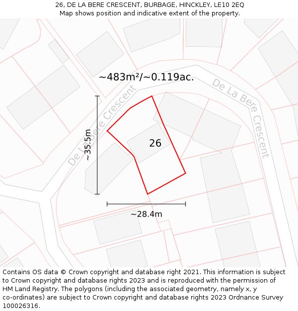26, DE LA BERE CRESCENT, BURBAGE, HINCKLEY, LE10 2EQ: Plot and title map