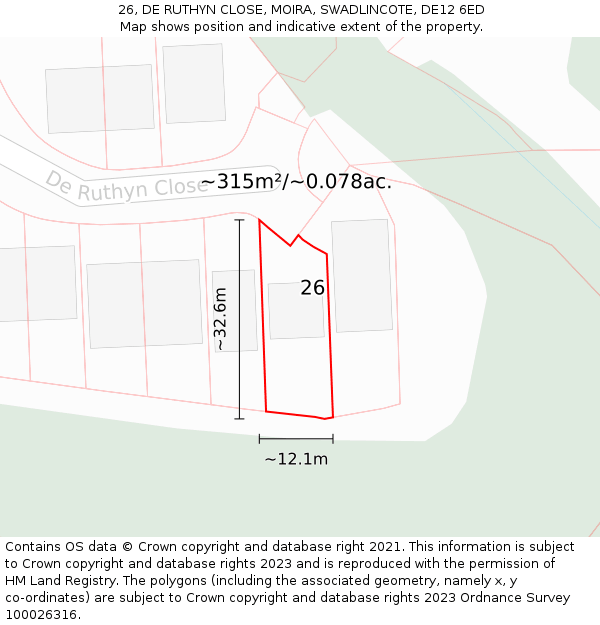 26, DE RUTHYN CLOSE, MOIRA, SWADLINCOTE, DE12 6ED: Plot and title map