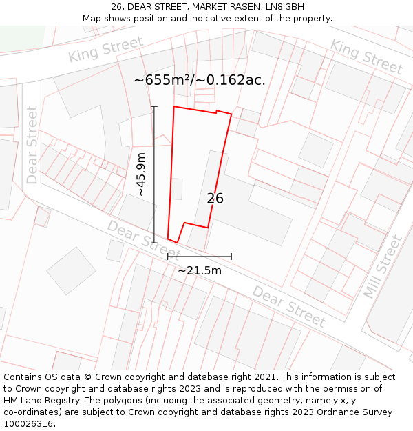 26, DEAR STREET, MARKET RASEN, LN8 3BH: Plot and title map