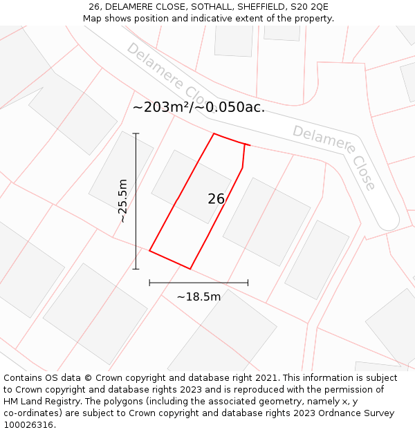 26, DELAMERE CLOSE, SOTHALL, SHEFFIELD, S20 2QE: Plot and title map