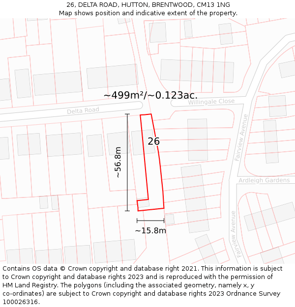 26, DELTA ROAD, HUTTON, BRENTWOOD, CM13 1NG: Plot and title map