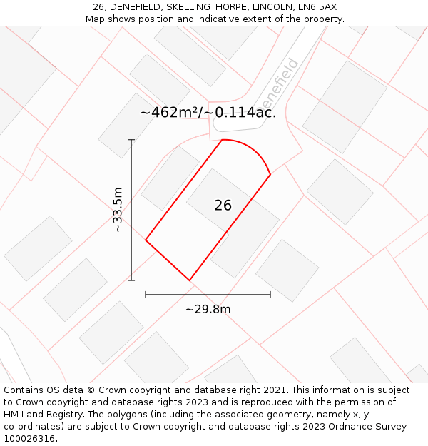 26, DENEFIELD, SKELLINGTHORPE, LINCOLN, LN6 5AX: Plot and title map