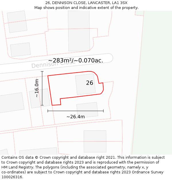 26, DENNISON CLOSE, LANCASTER, LA1 3SX: Plot and title map