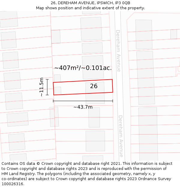 26, DEREHAM AVENUE, IPSWICH, IP3 0QB: Plot and title map