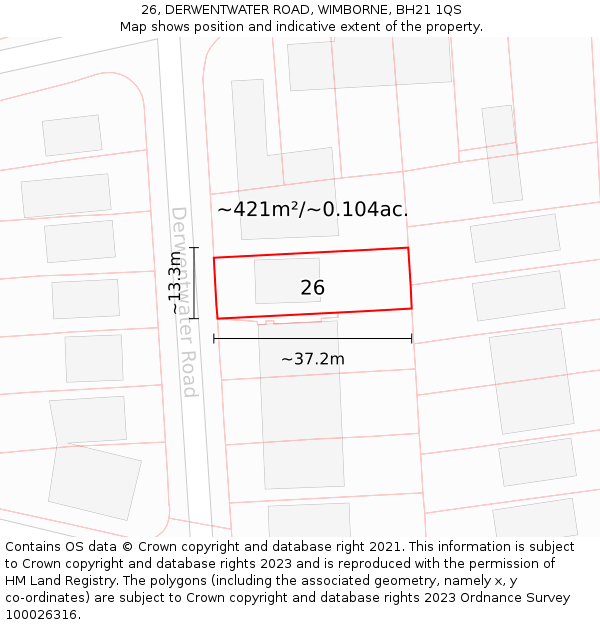 26, DERWENTWATER ROAD, WIMBORNE, BH21 1QS: Plot and title map