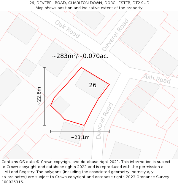 26, DEVEREL ROAD, CHARLTON DOWN, DORCHESTER, DT2 9UD: Plot and title map
