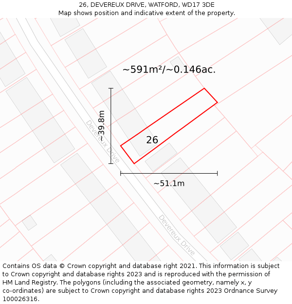 26, DEVEREUX DRIVE, WATFORD, WD17 3DE: Plot and title map
