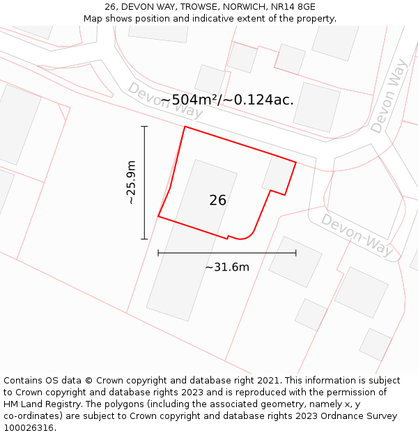 26, DEVON WAY, TROWSE, NORWICH, NR14 8GE: Plot and title map