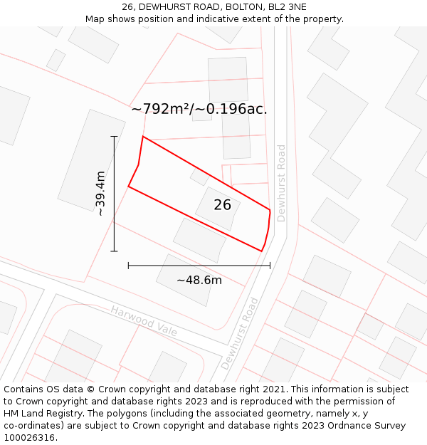 26, DEWHURST ROAD, BOLTON, BL2 3NE: Plot and title map