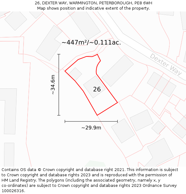 26, DEXTER WAY, WARMINGTON, PETERBOROUGH, PE8 6WH: Plot and title map