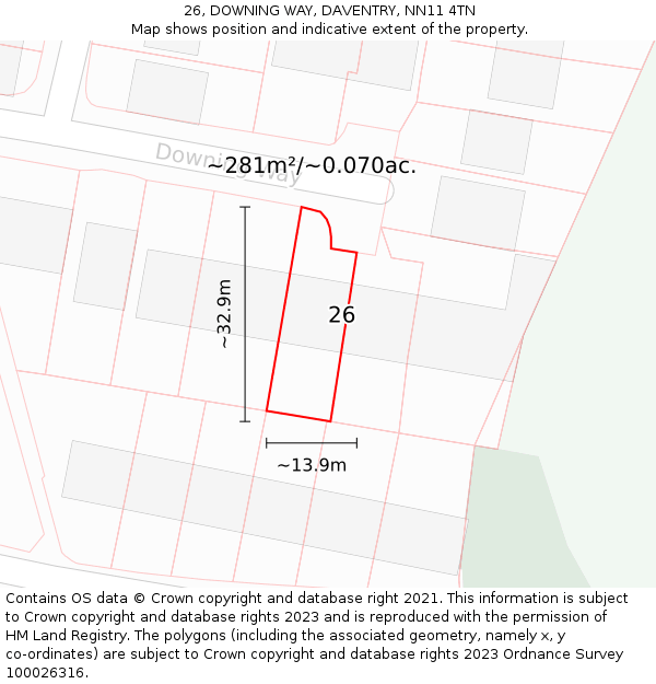 26, DOWNING WAY, DAVENTRY, NN11 4TN: Plot and title map