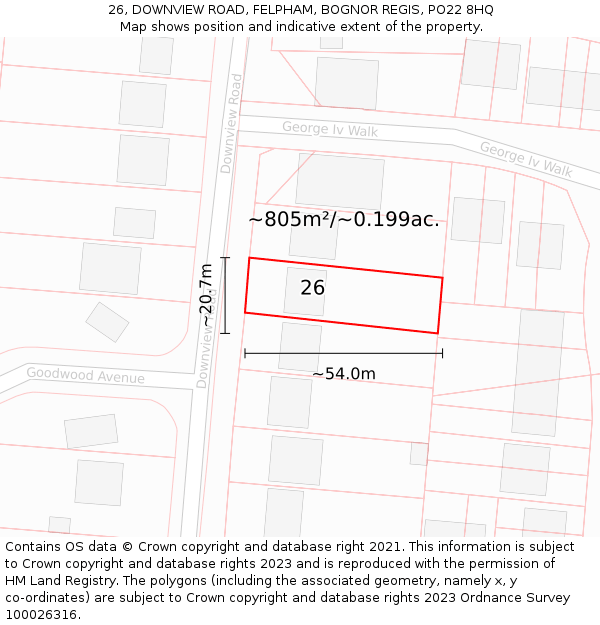 26, DOWNVIEW ROAD, FELPHAM, BOGNOR REGIS, PO22 8HQ: Plot and title map