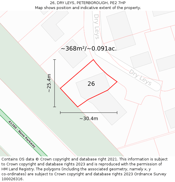 26, DRY LEYS, PETERBOROUGH, PE2 7HP: Plot and title map