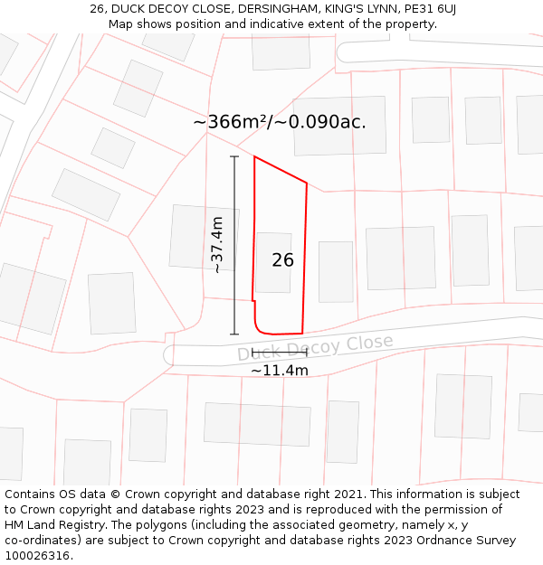 26, DUCK DECOY CLOSE, DERSINGHAM, KING'S LYNN, PE31 6UJ: Plot and title map