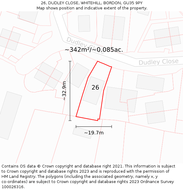 26, DUDLEY CLOSE, WHITEHILL, BORDON, GU35 9PY: Plot and title map