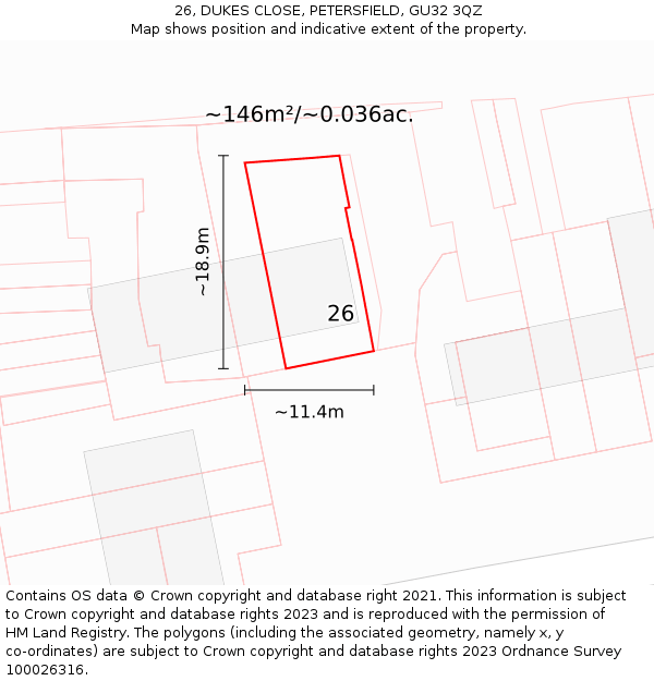 26, DUKES CLOSE, PETERSFIELD, GU32 3QZ: Plot and title map