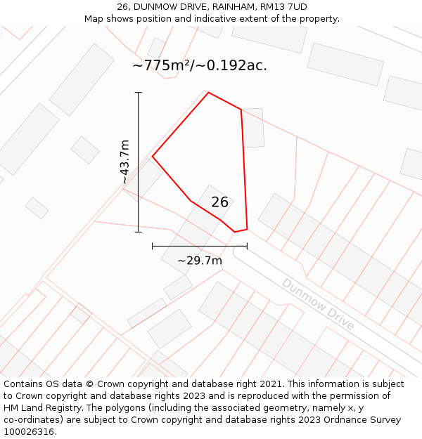 26, DUNMOW DRIVE, RAINHAM, RM13 7UD: Plot and title map