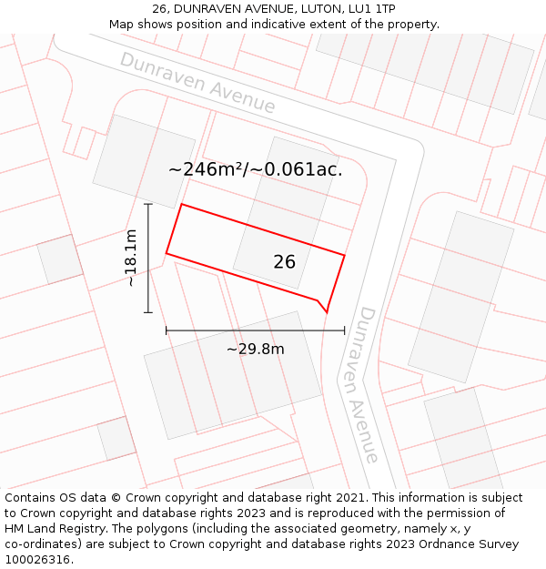 26, DUNRAVEN AVENUE, LUTON, LU1 1TP: Plot and title map