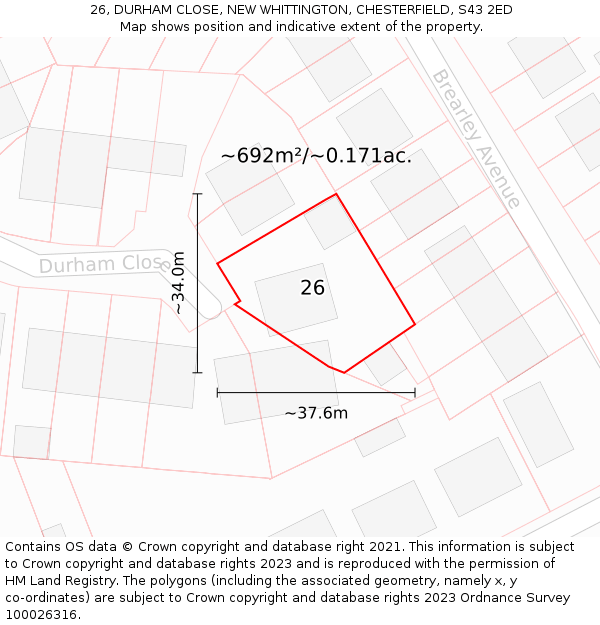 26, DURHAM CLOSE, NEW WHITTINGTON, CHESTERFIELD, S43 2ED: Plot and title map