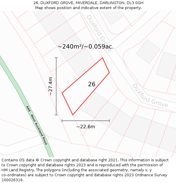 26, DUXFORD GROVE, FAVERDALE, DARLINGTON, DL3 0GH: Plot and title map