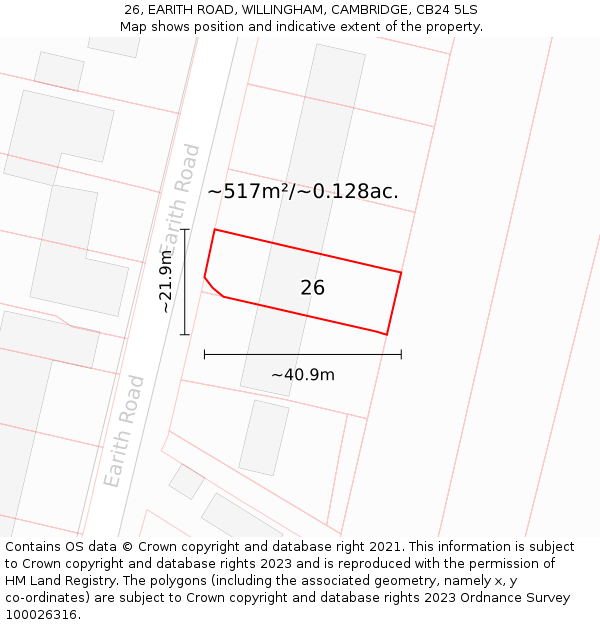 26, EARITH ROAD, WILLINGHAM, CAMBRIDGE, CB24 5LS: Plot and title map