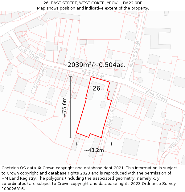 26, EAST STREET, WEST COKER, YEOVIL, BA22 9BE: Plot and title map