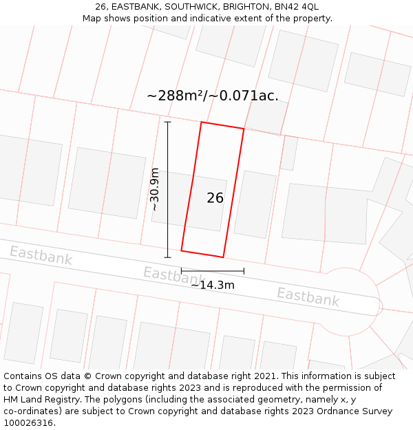 26, EASTBANK, SOUTHWICK, BRIGHTON, BN42 4QL: Plot and title map